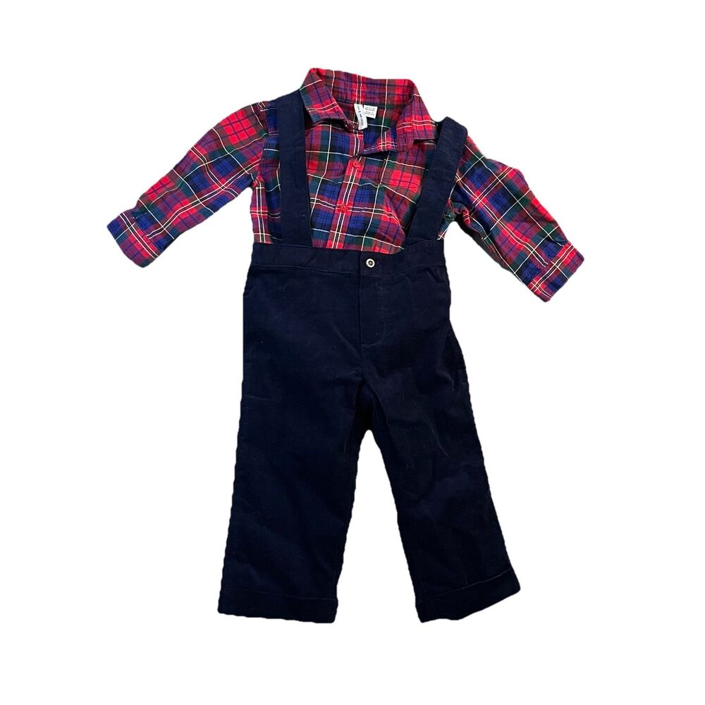 Janie & Jack Red Plaid Shirt with Navy Blue Velvet Suspenders Set Outfit 12-18M
